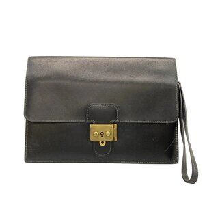 HERMES Jet Black Box Calf Circle U Mens Clutch Bag